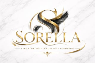 Sorella Logo mit goldenem Federdesign auf Marmor